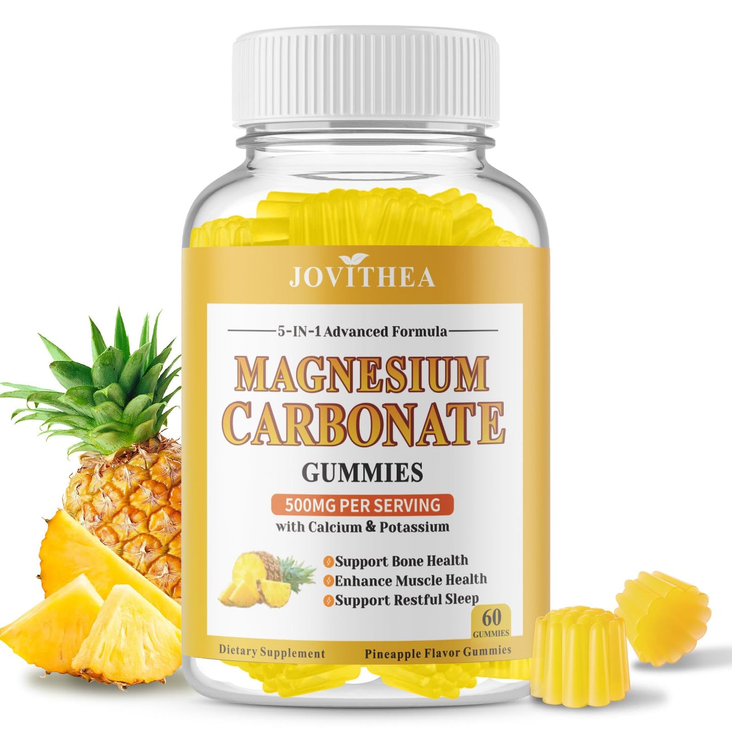 Magnesium Carbonate Gummies 500mg - High Absorption Magnesium Supplement for Digestive & Muscle Support | Sugar Free, Vegan, Pineapple, 60 Count