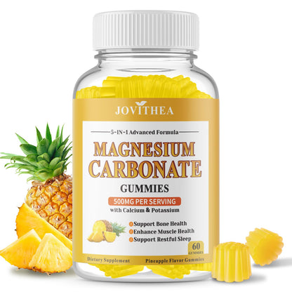 Magnesium Carbonate Gummies 500mg - High Absorption Magnesium Supplement for Digestive & Muscle Support | Sugar Free, Vegan, Pineapple, 60 Count