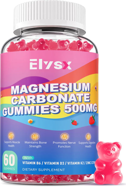 Magnesium Carbonate 500mg Gummies – 60 Ct, Strawberry Chewables with D3, K2, B6 & Zinc