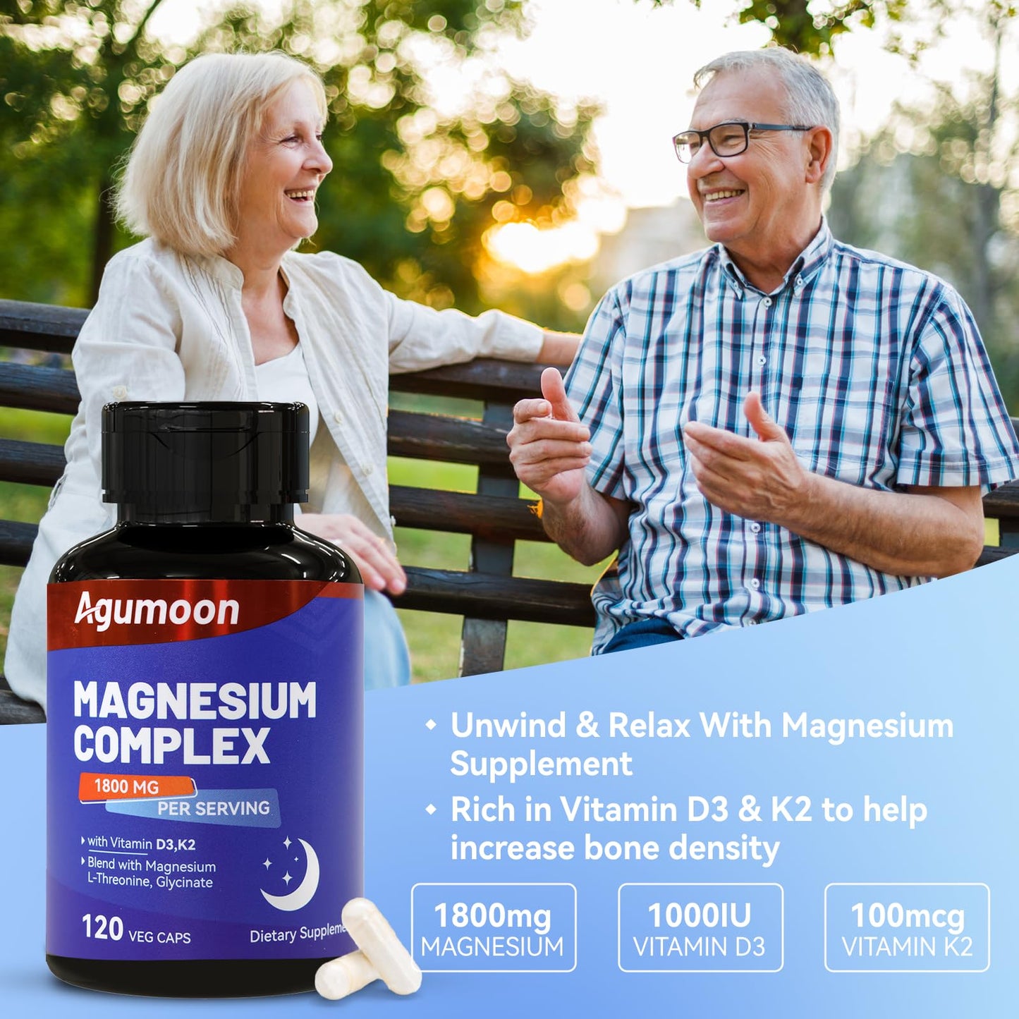 Magnesium Chelated Complex 1800mg with Vitamin D3 & K2 – L-Threonine & Glycinate, 120 Capsules