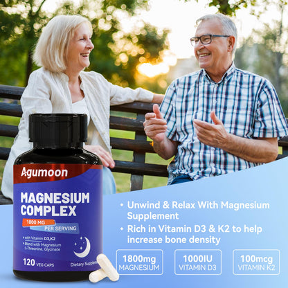 Magnesium Chelated Complex 1800mg with Vitamin D3 & K2 – L-Threonine & Glycinate, 120 Capsules