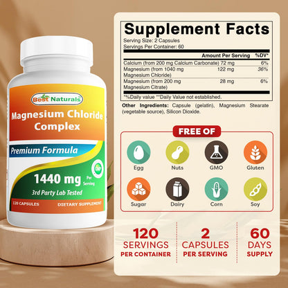 Best Naturals Magnesium Chloride Complex 1440 mg per Serving – 120 Capsules (Pack of 2)