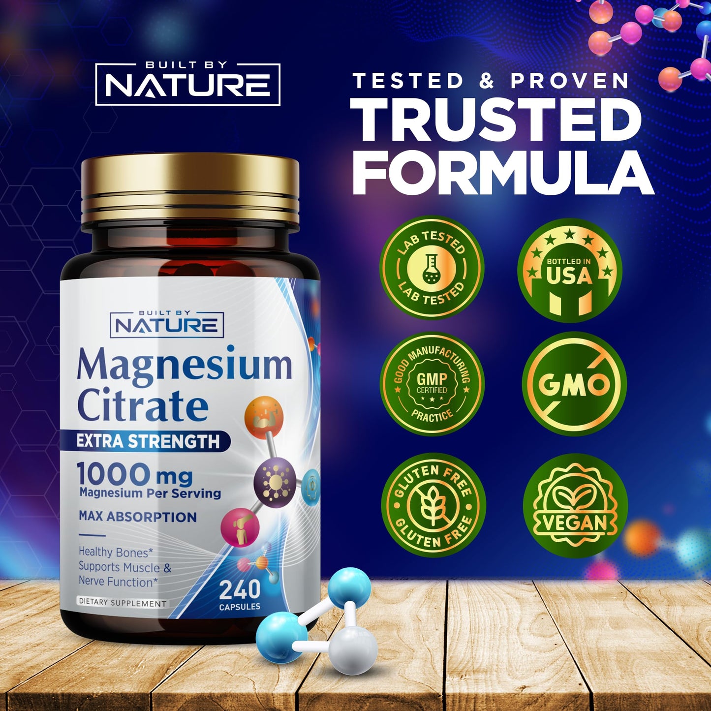 Magnesium Citrate 1000mg – Max Absorption, Vegan & Gluten-Free – 240 Capsules | Built By Nature