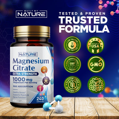 Magnesium Citrate 1000mg – Max Absorption, Vegan & Gluten-Free – 240 Capsules | Built By Nature