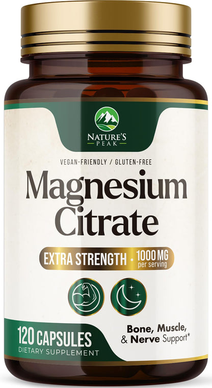 Magnesium Citrate 1000mg – High-Absorption Magnesium Supplement | Supports Muscle, Bone, Nerve & Heart Health – 120 Capsules