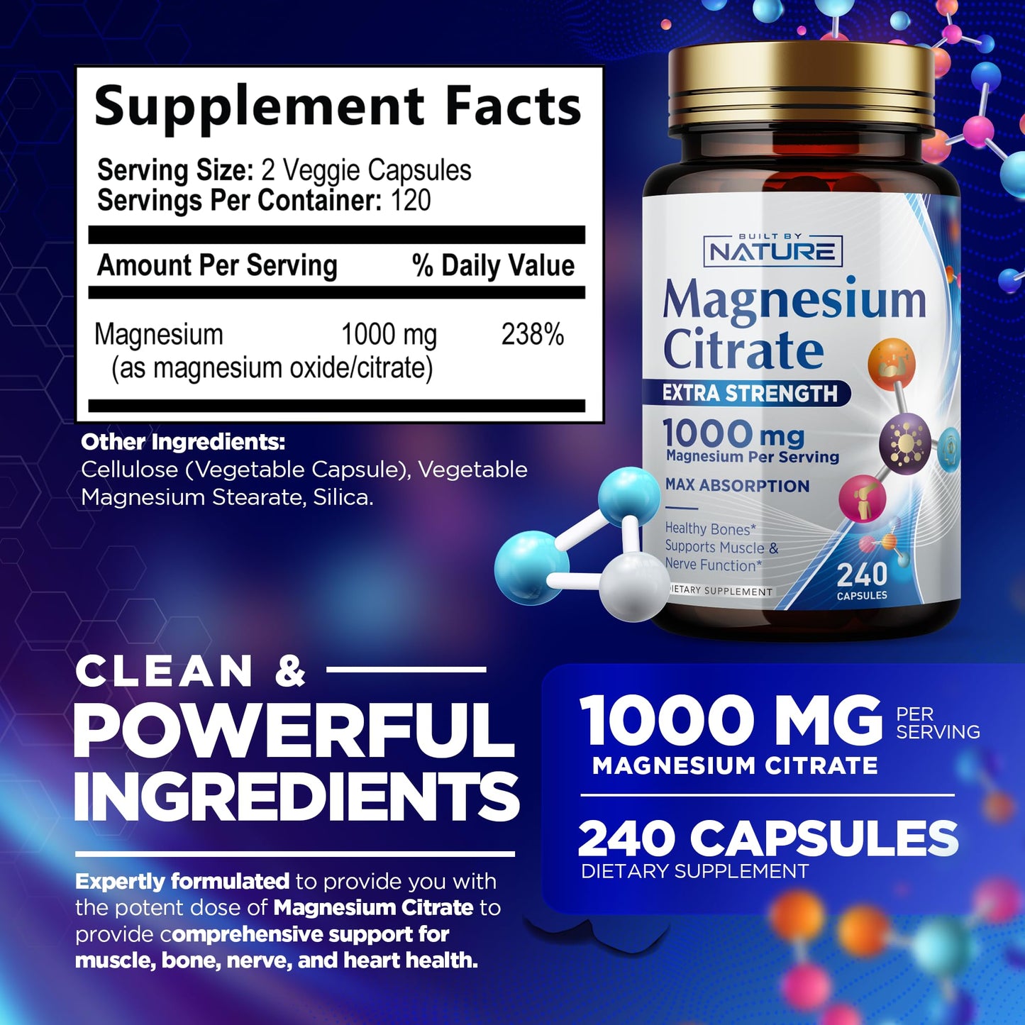 Magnesium Citrate 1000mg – Max Absorption, Vegan & Gluten-Free – 240 Capsules | Built By Nature