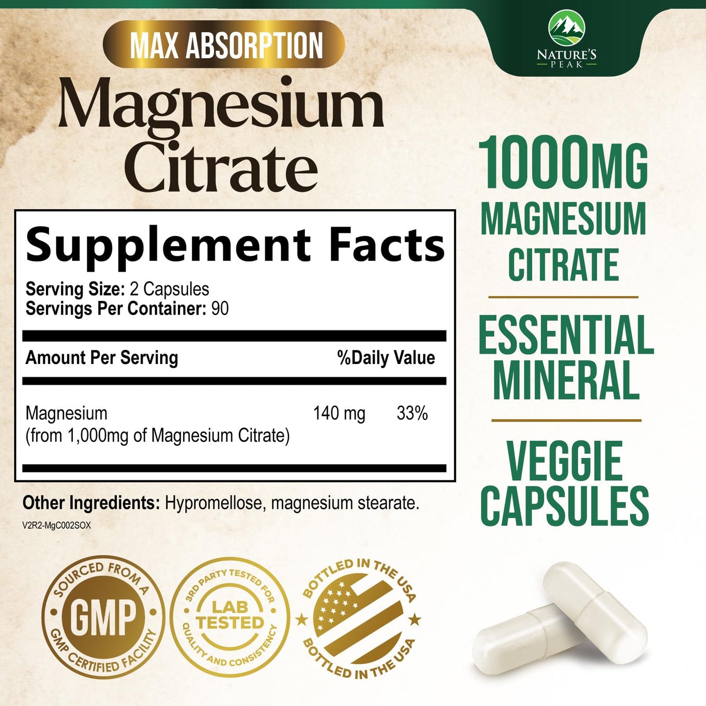 Magnesium Citrate 1000mg – High Absorption Magnesium Supplement (180 Capsules) – Non-GMO