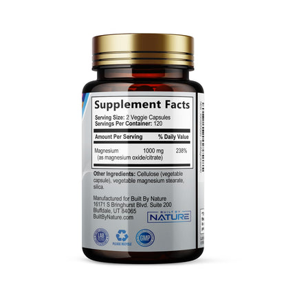 Magnesium Citrate 1000mg – Max Absorption, Vegan & Gluten-Free – 240 Capsules | Built By Nature