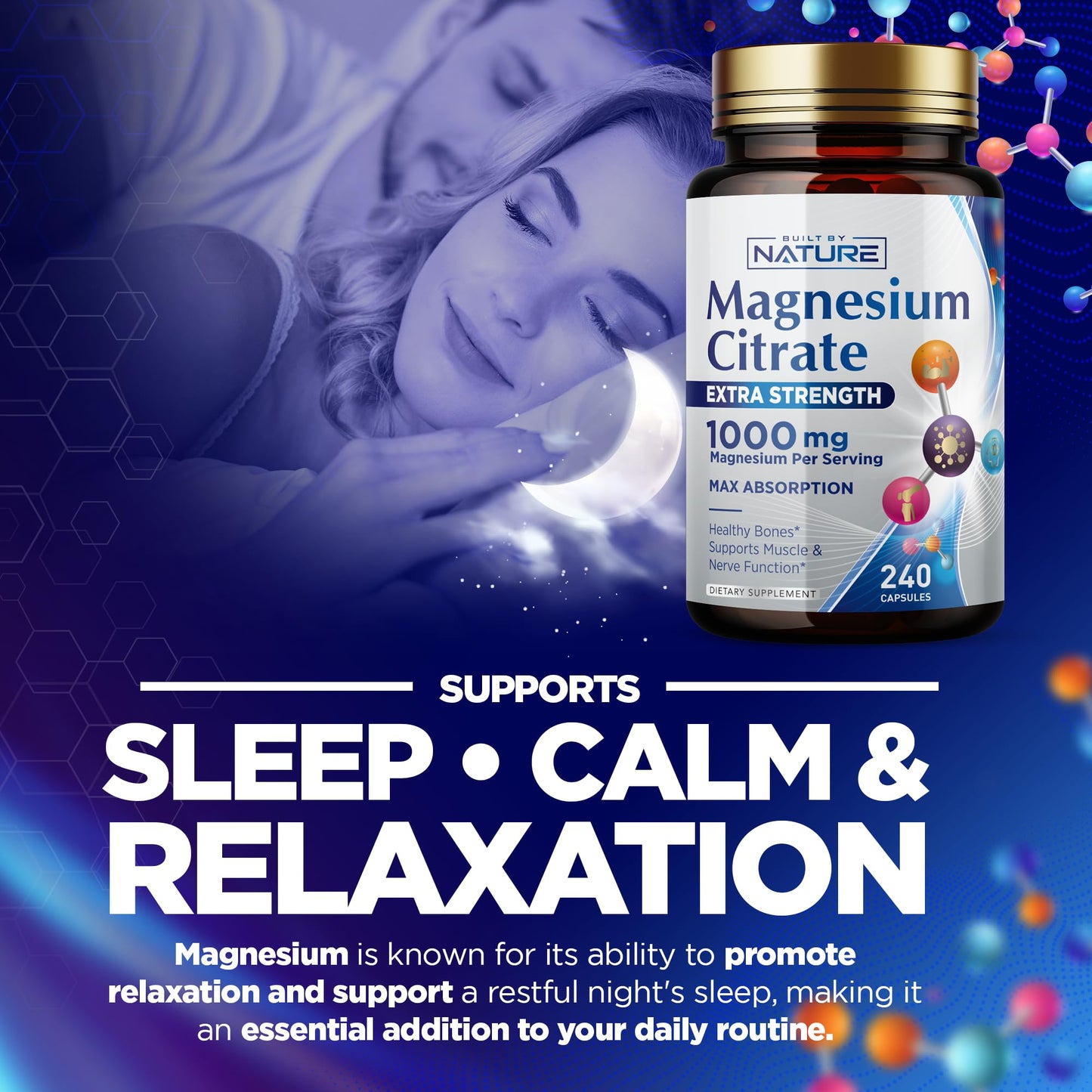 Magnesium Citrate 1000mg – Max Absorption, Vegan & Gluten-Free – 240 Capsules | Built By Nature