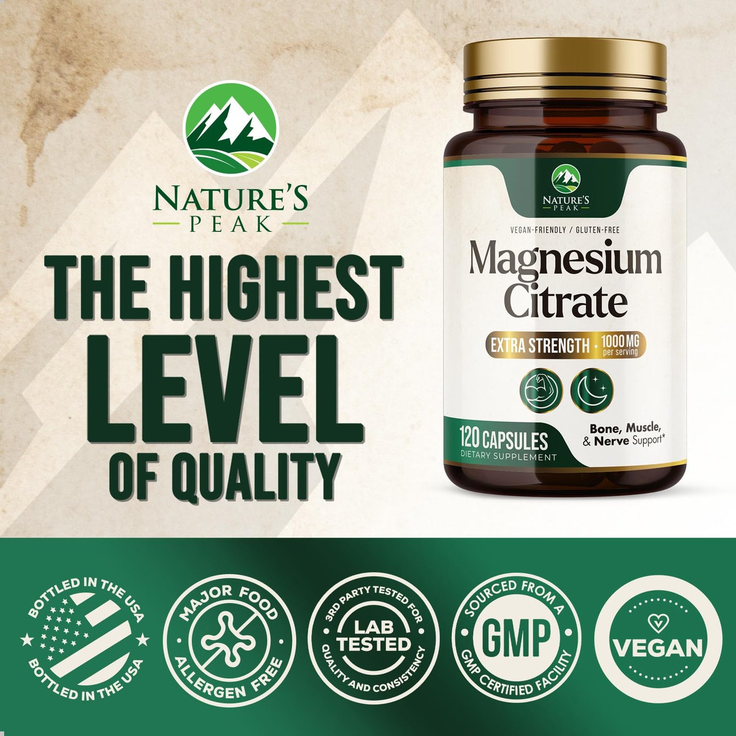 Magnesium Citrate 1000mg – High-Absorption Magnesium Supplement | Supports Muscle, Bone, Nerve & Heart Health – 120 Capsules