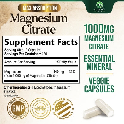 Magnesium Citrate 1000mg - High Absorption Magnesium, 240 Capsules