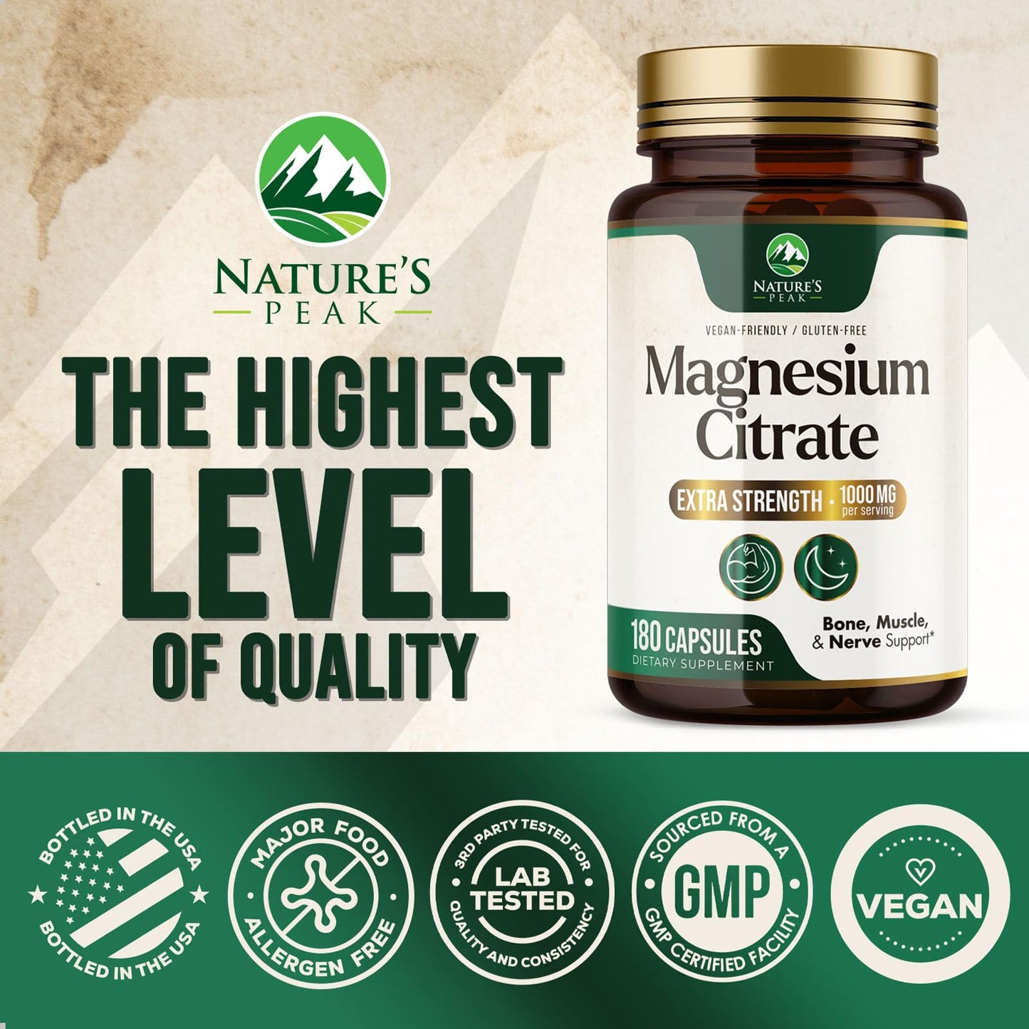 Magnesium Citrate 1000mg – High Absorption Magnesium Supplement (180 Capsules) – Non-GMO