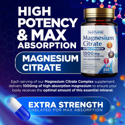 Magnesium Citrate 1000mg – Max Absorption, Vegan & Gluten-Free – 240 Capsules | Built By Nature