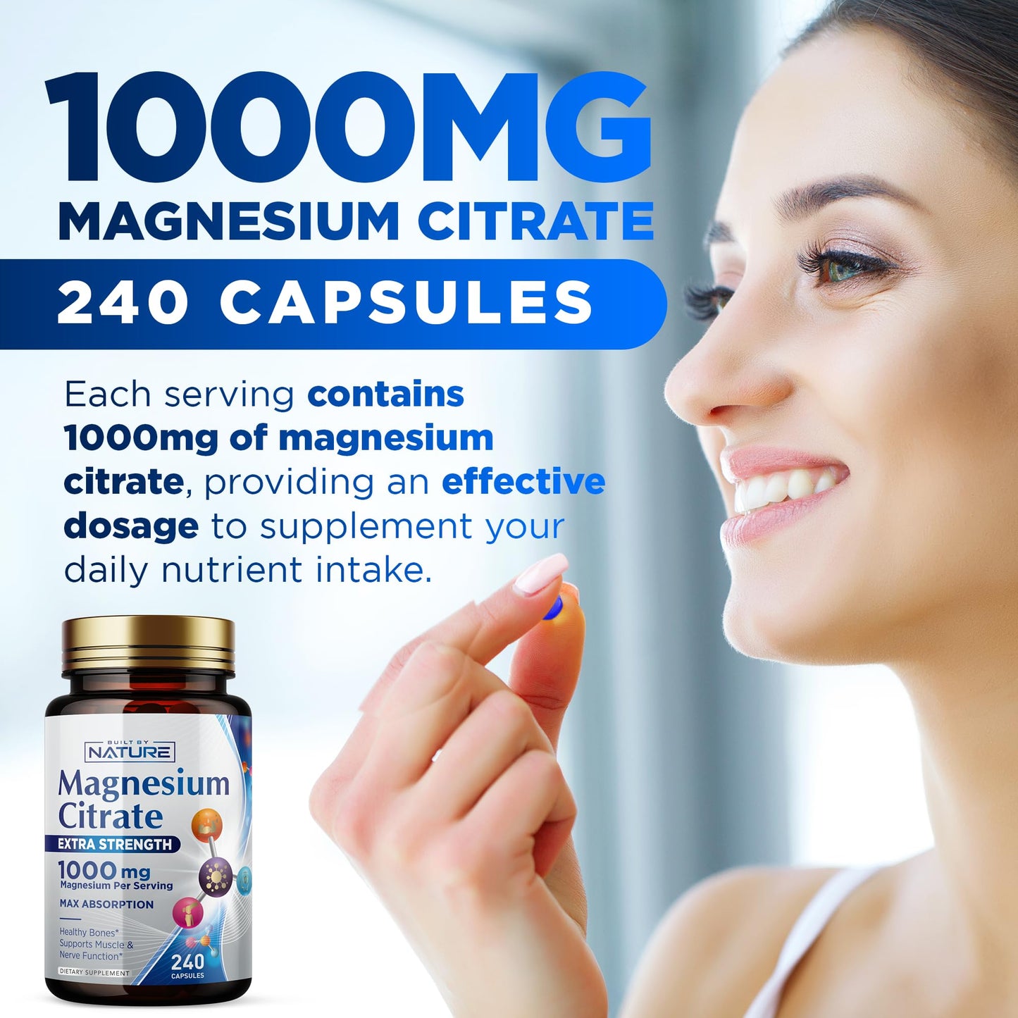 Magnesium Citrate 1000mg – Max Absorption, Vegan & Gluten-Free – 240 Capsules | Built By Nature