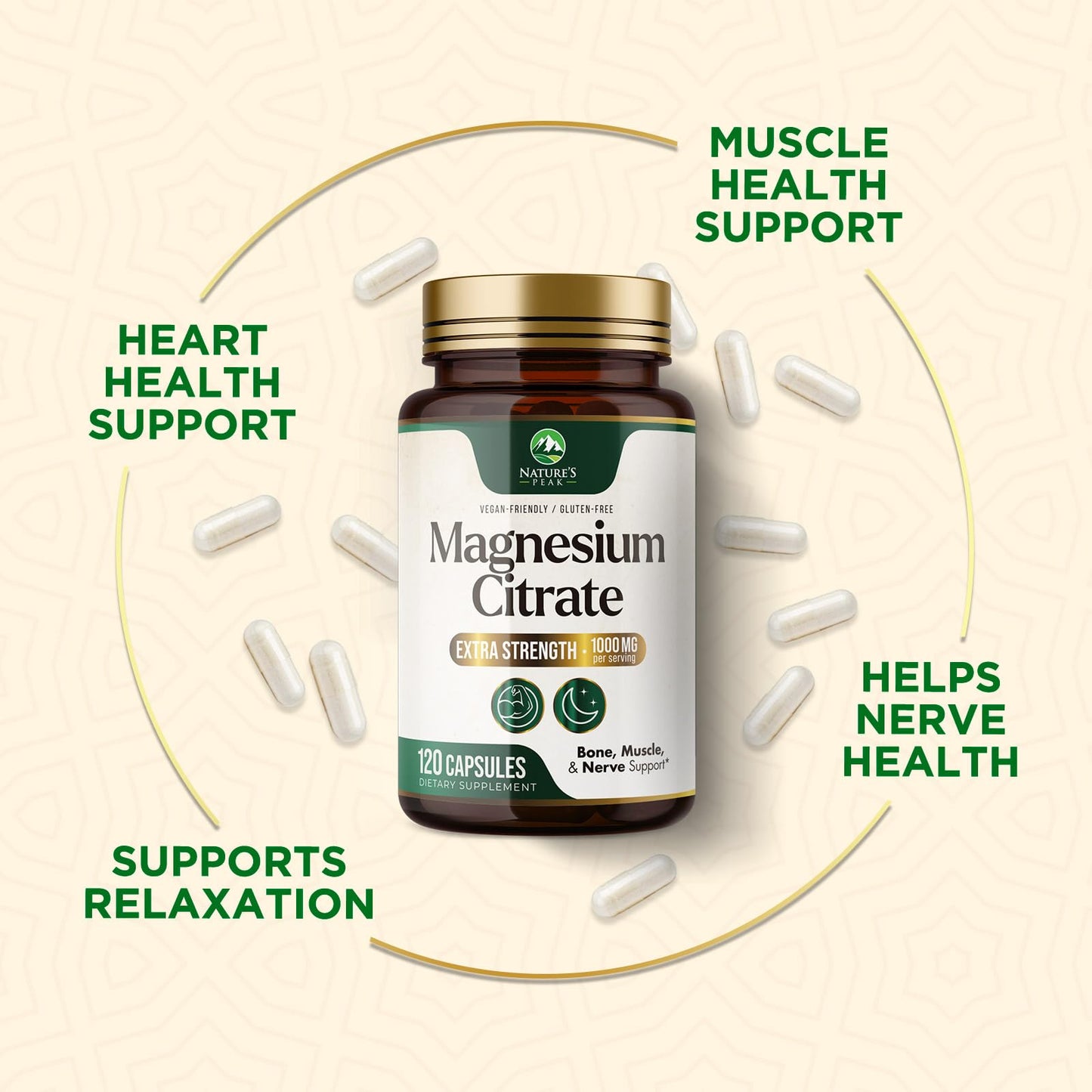 Magnesium Citrate 1000mg – High-Absorption Magnesium Supplement | Supports Muscle, Bone, Nerve & Heart Health – 120 Capsules