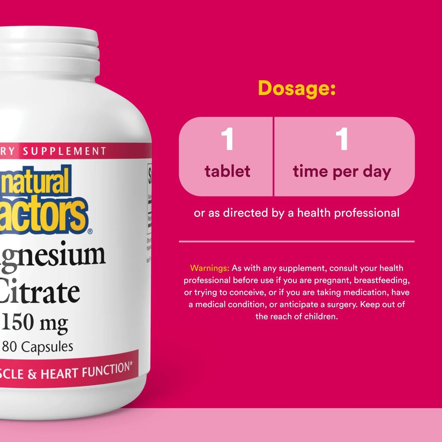 Natural Factors Magnesium Citrate 150 mg – 180 Capsules | Muscle & Heart Health