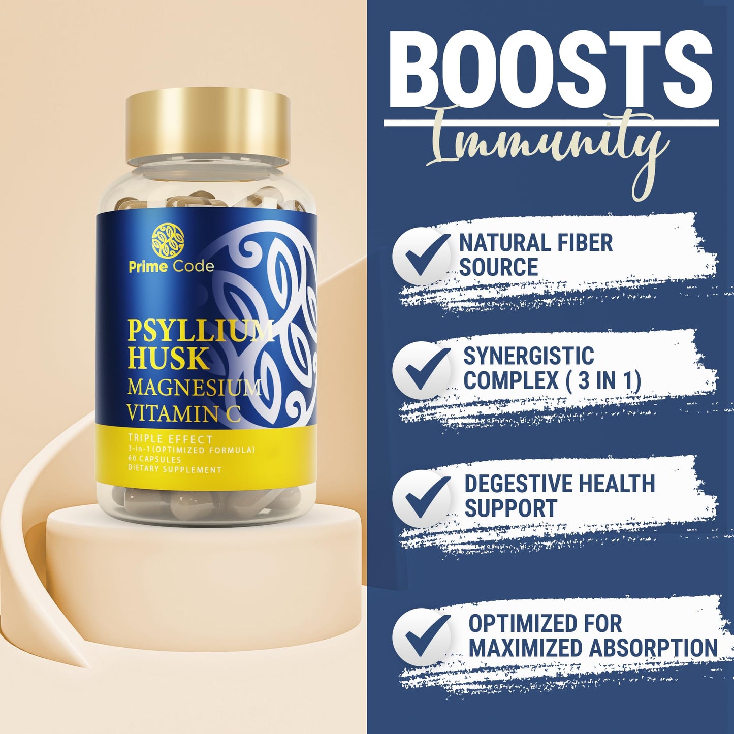 Prime Code Psyllium Husk Capsules 1000mg with Magnesium Citrate & Vitamin C | Non-GMO, Gluten & Soy Free | Vegan