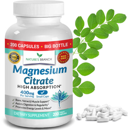 Magnesium Citrate 400mg - 200 Capsules | High Potency, Vegan, Made in USA