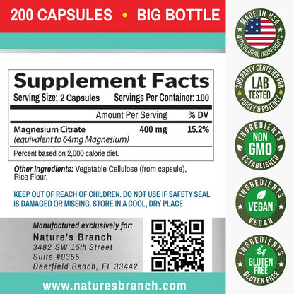 Magnesium Citrate 400mg - 200 Capsules | High Potency, Vegan, Made in USA