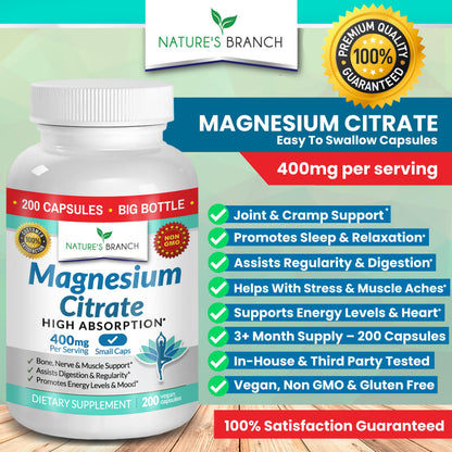 Magnesium Citrate 400mg - 200 Capsules | High Potency, Vegan, Made in USA