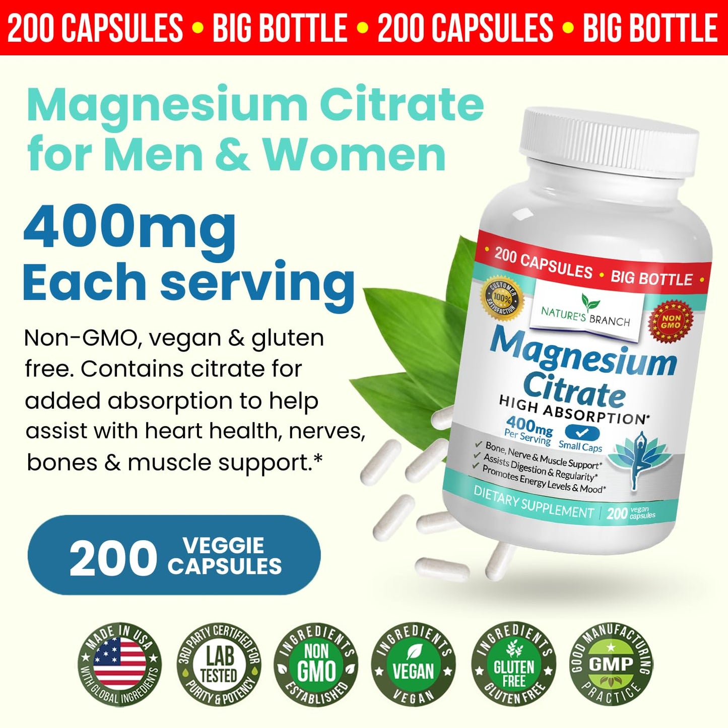 Magnesium Citrate 400mg - 200 Capsules | High Potency, Vegan, Made in USA