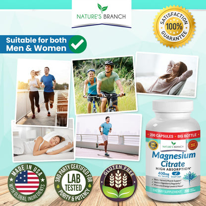 Magnesium Citrate 400mg - 200 Capsules | High Potency, Vegan, Made in USA