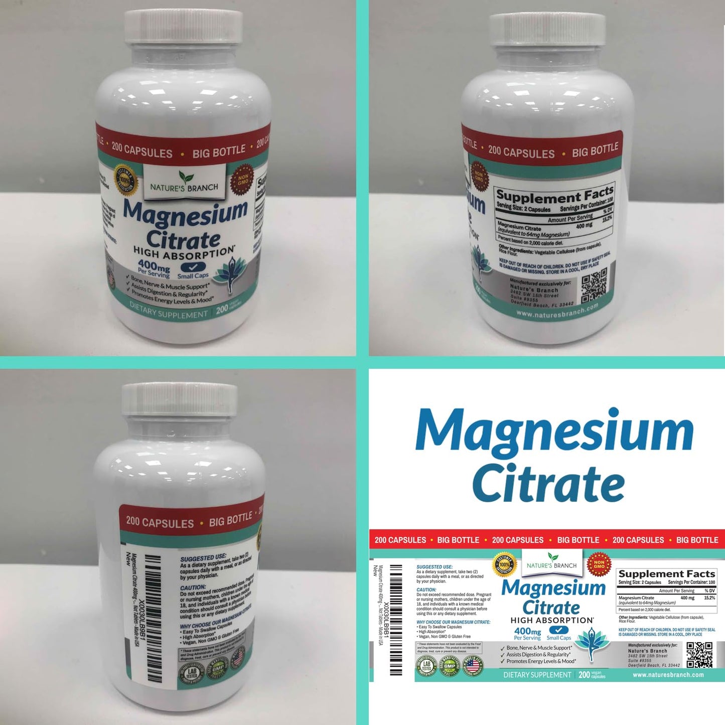 Magnesium Citrate 400mg - 200 Capsules | High Potency, Vegan, Made in USA