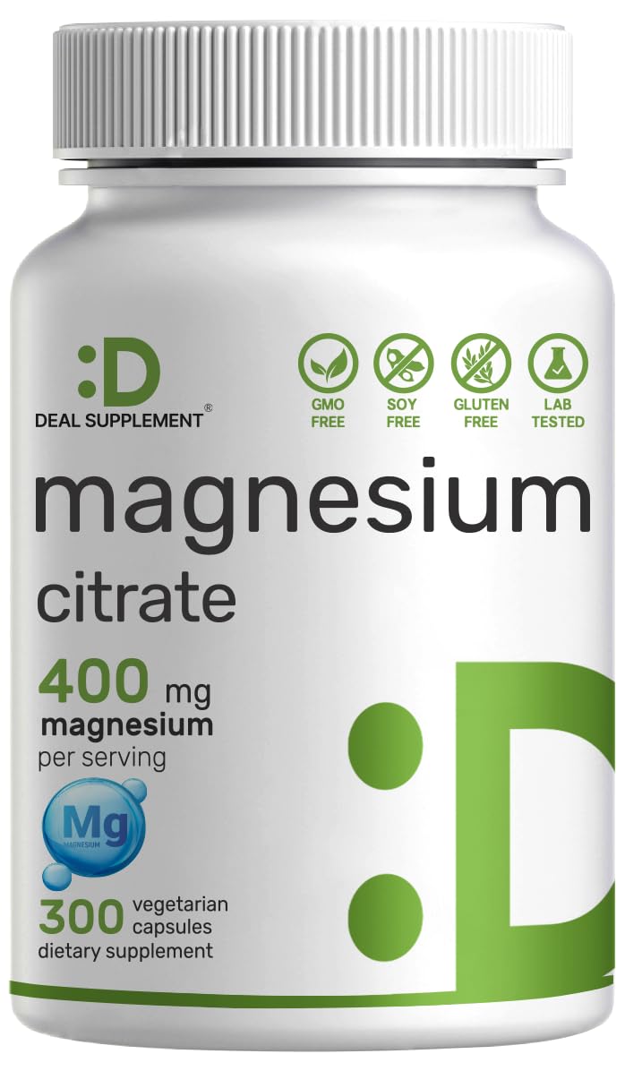 Magnesium Citrate 400mg – 300 Veggie Capsules | Chelated & High Absorption