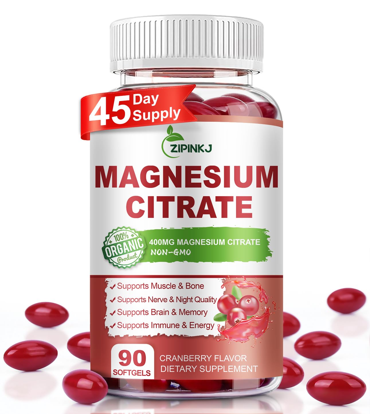 Magnesium Citrate 400mg with Vitamin D3, B6 & Cranberry – High Absorption (90-Count, 45 Day Supply)