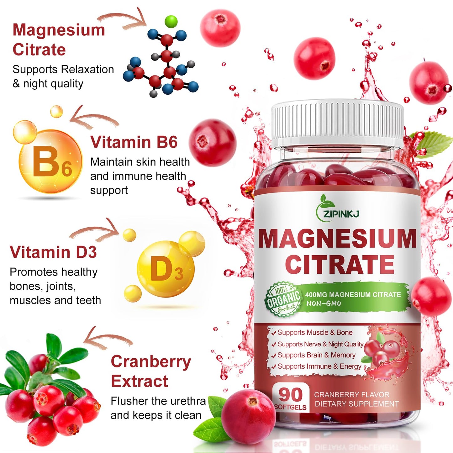 Magnesium Citrate 400mg with Vitamin D3, B6 & Cranberry – High Absorption (90-Count, 45 Day Supply)