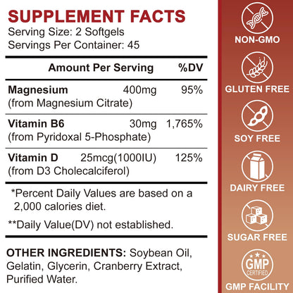 Magnesium Citrate 400mg with Vitamin D3, B6 & Cranberry – High Absorption (90-Count, 45 Day Supply)