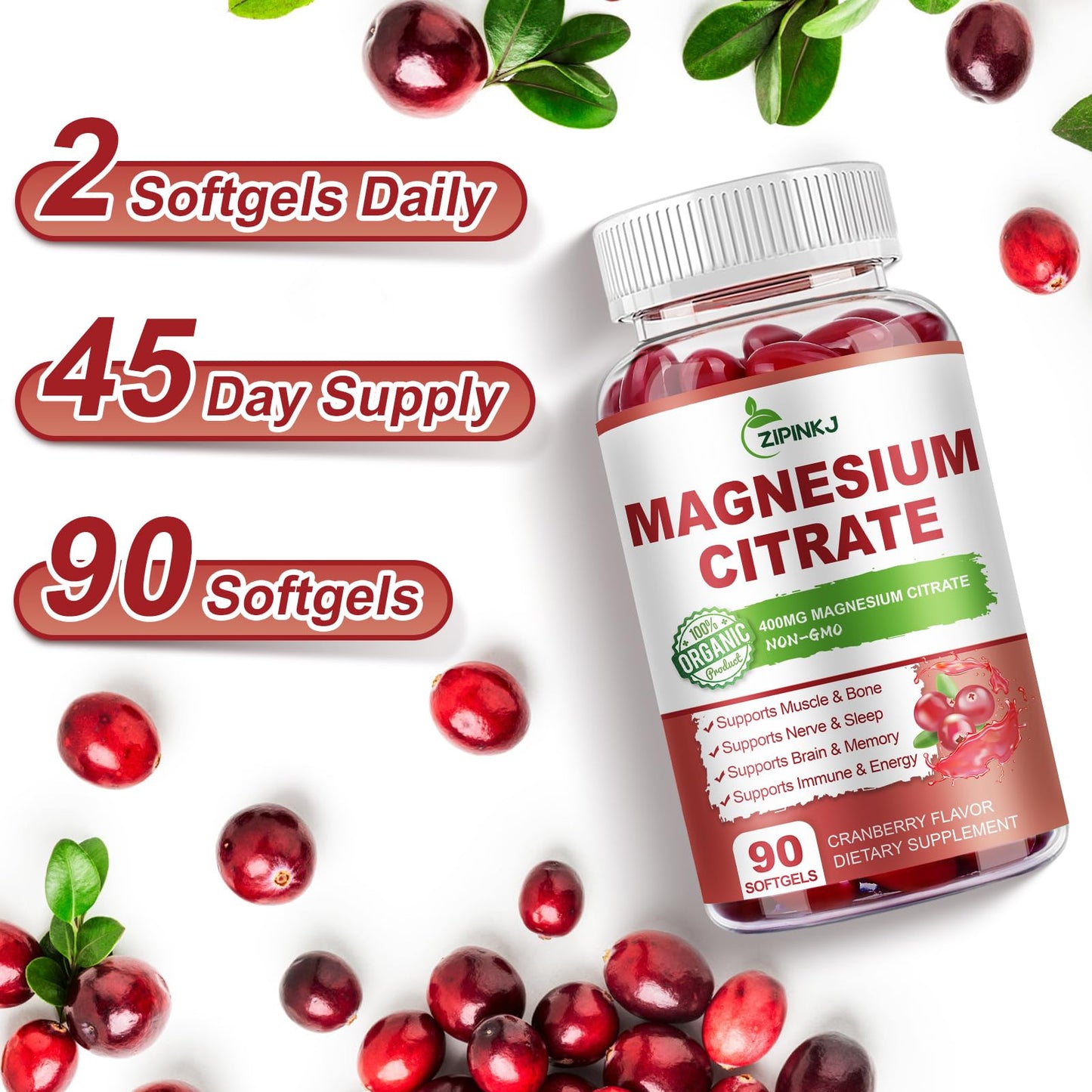 Magnesium Citrate 400mg with Vitamin D3, B6 & Cranberry – High Absorption (90-Count, 45 Day Supply)