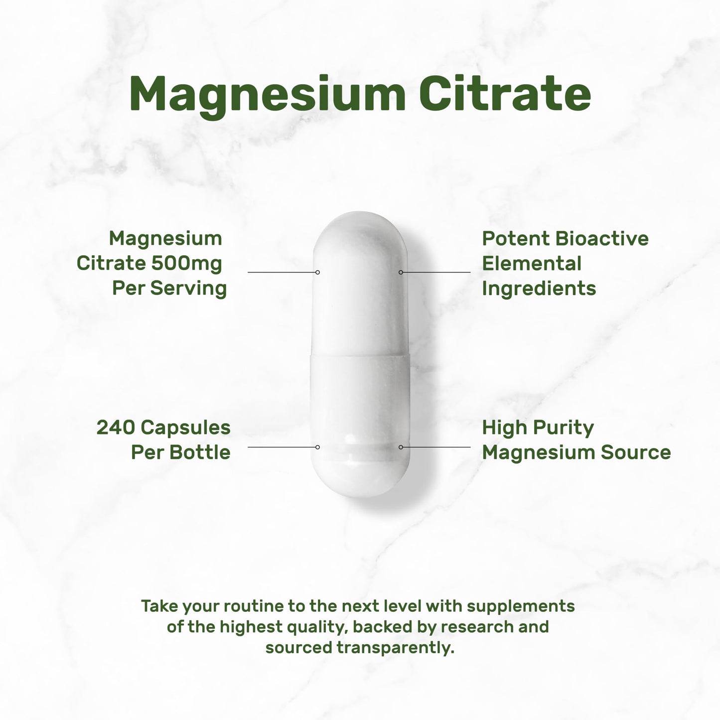 Magnesium Citrate 500mg | 240 Capsules | Easily Absorbed, Non-GMO | Muscle, Heart & Digestive Support