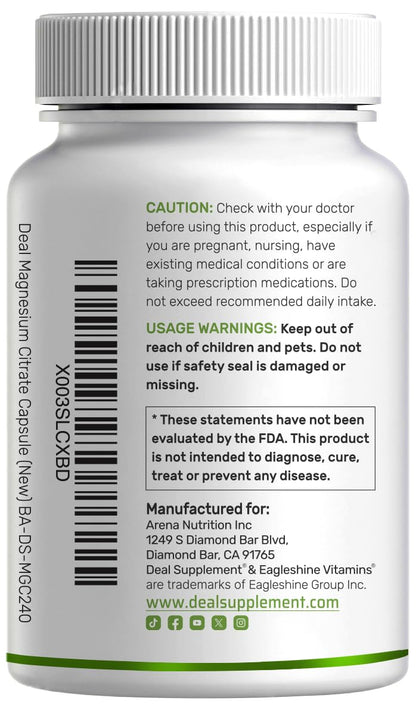 Magnesium Citrate 500mg | 240 Capsules | Easily Absorbed, Non-GMO | Muscle, Heart & Digestive Support