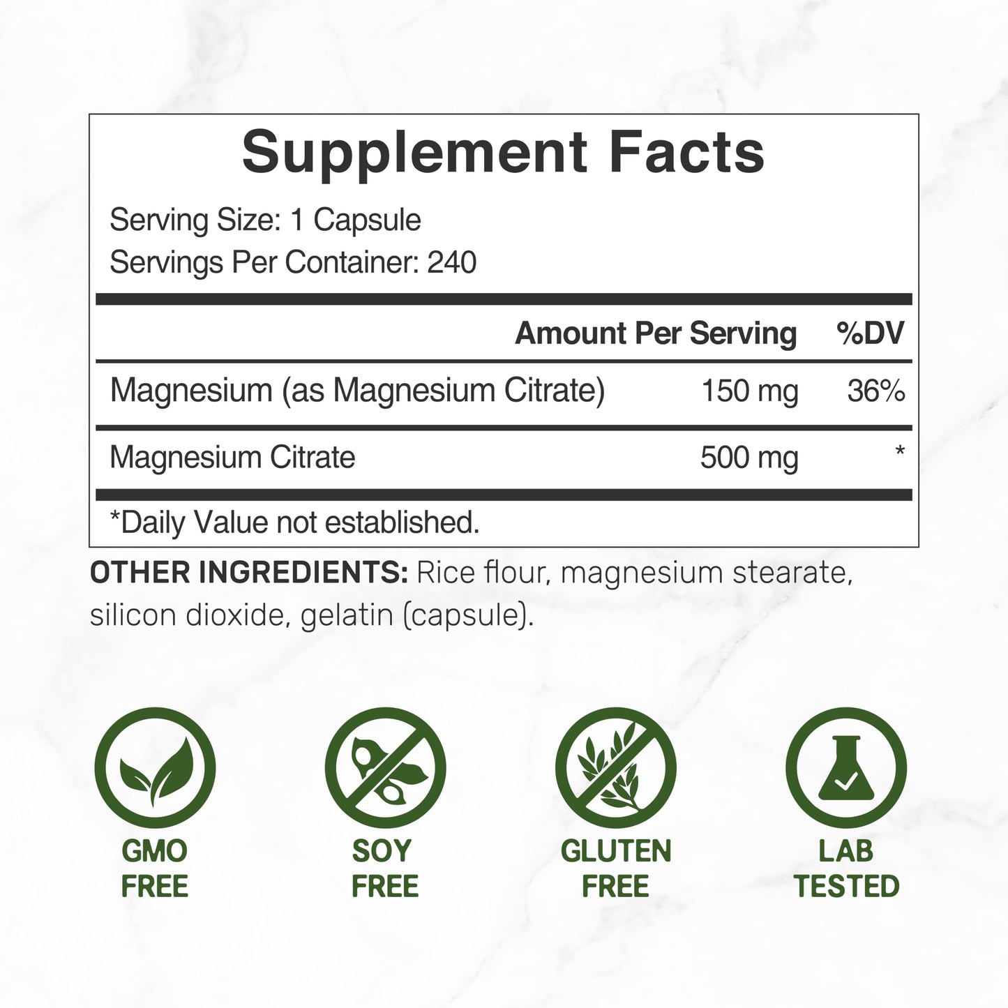 Magnesium Citrate 500mg | 240 Capsules | Easily Absorbed, Non-GMO | Muscle, Heart & Digestive Support