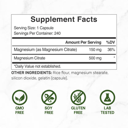 Magnesium Citrate 500mg | 240 Capsules | Easily Absorbed, Non-GMO | Muscle, Heart & Digestive Support