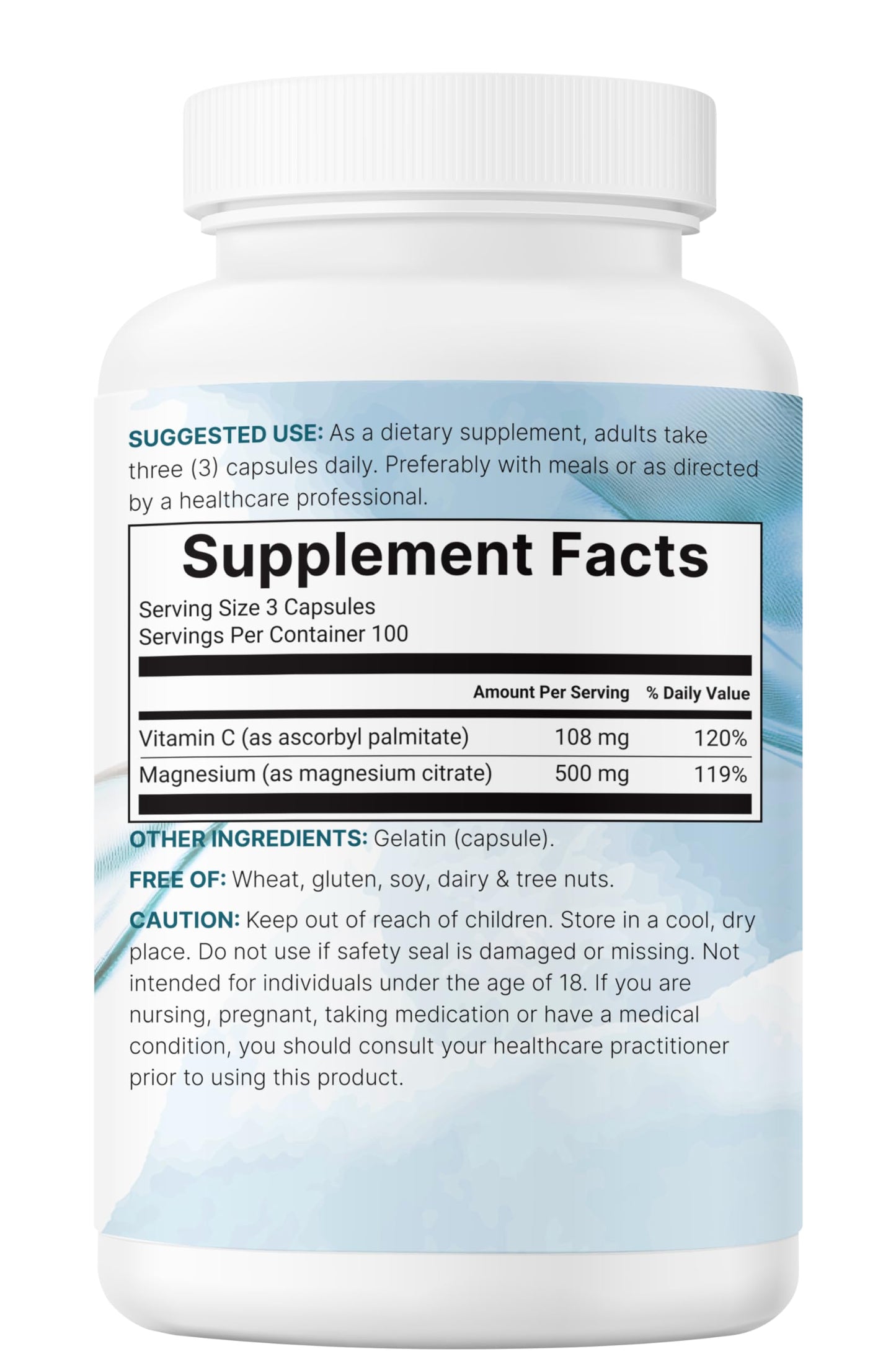 Pure Magnesium Citrate 500mg | 300 Capsules | Chelated, Fat-Soluble Vitamin C | Supports Digestion, Muscle & Heart Health