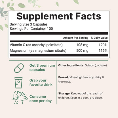 Pure Magnesium Citrate 500mg | 300 Capsules | Chelated, Fat-Soluble Vitamin C | Supports Digestion, Muscle & Heart Health