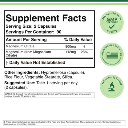 Magnesium Citrate 800mg - 180 Capsules | Digestion & Constipation Support | Vegan, Non-GMO | Double Wood Supplements