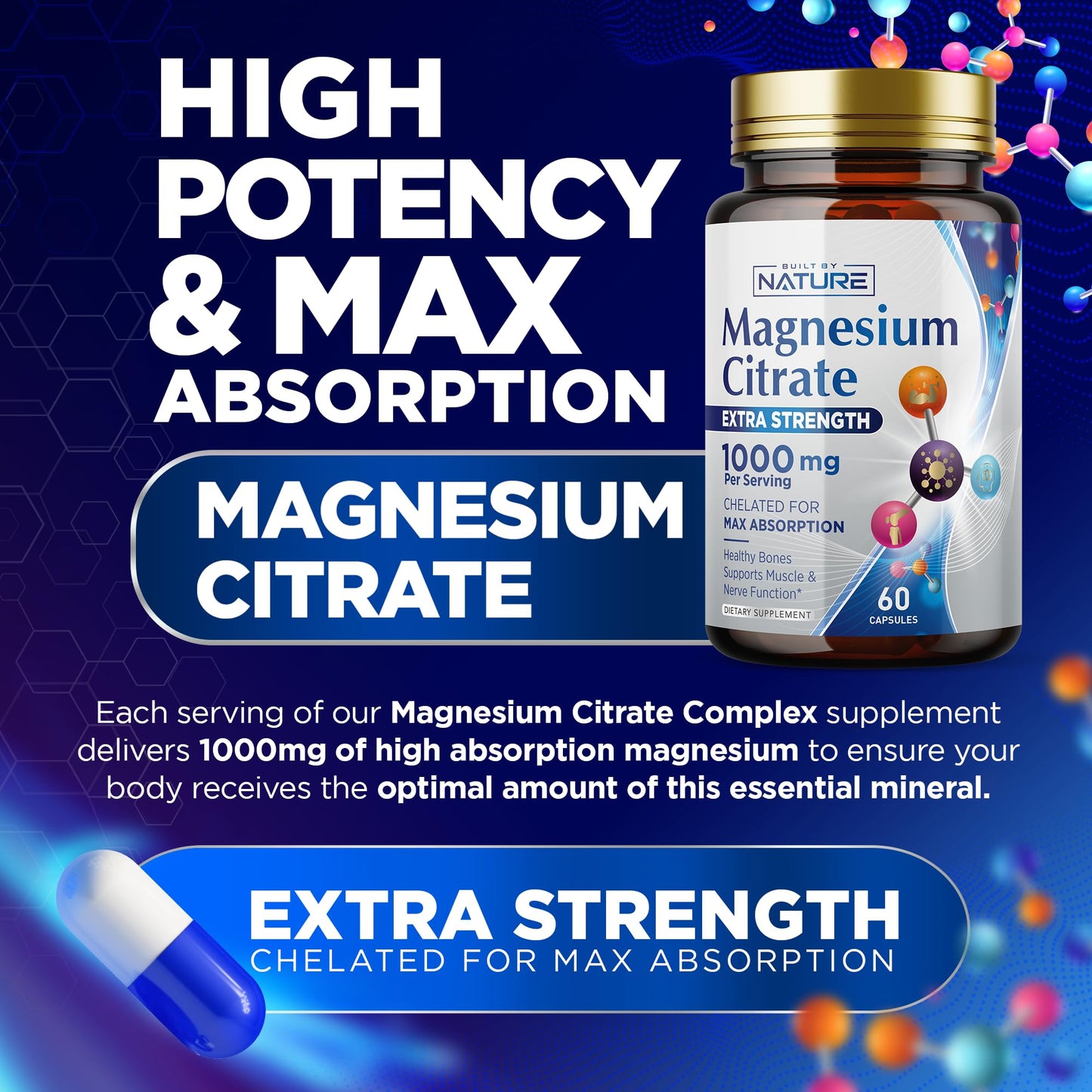 Magnesium Citrate 1000mg - Max Absorption & High Potency Magnesium Complex Supplement for Heart, Muscle, Nerve, Bone Health & Stress Relief - Non-GMO, Gluten-Free - 60 Vegan Capsules
