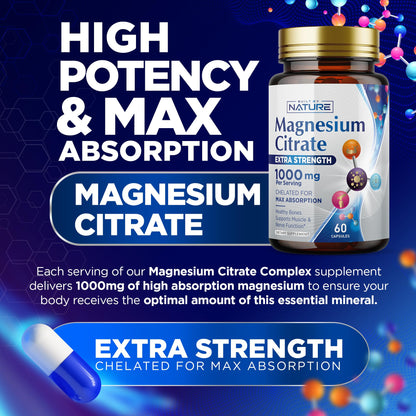 Magnesium Citrate 1000mg - Max Absorption & High Potency Magnesium Complex Supplement for Heart, Muscle, Nerve, Bone Health & Stress Relief - Non-GMO, Gluten-Free - 60 Vegan Capsules