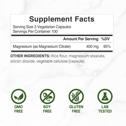 Magnesium Citrate 400mg – 300 Veggie Capsules | Chelated & High Absorption