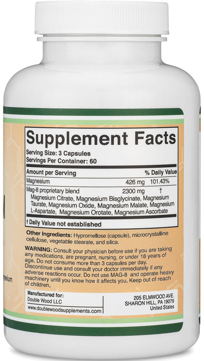 MAG-8 Magnesium Complex 180 Capsules – 426 mg Elemental Magnesium | 100% DV | Double Wood