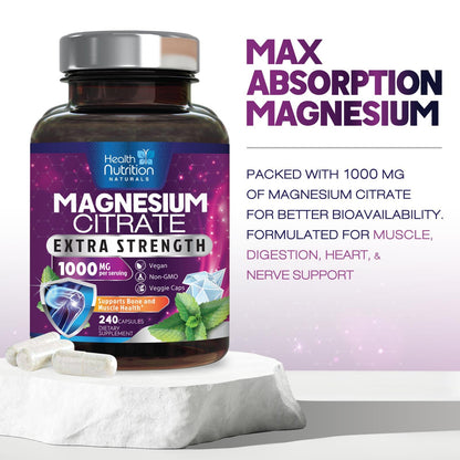 Magnesium Citrate Capsules 1000mg - High Absorption Magnesium for Muscle, Nerve, Bone & Heart Health | 240 Capsules