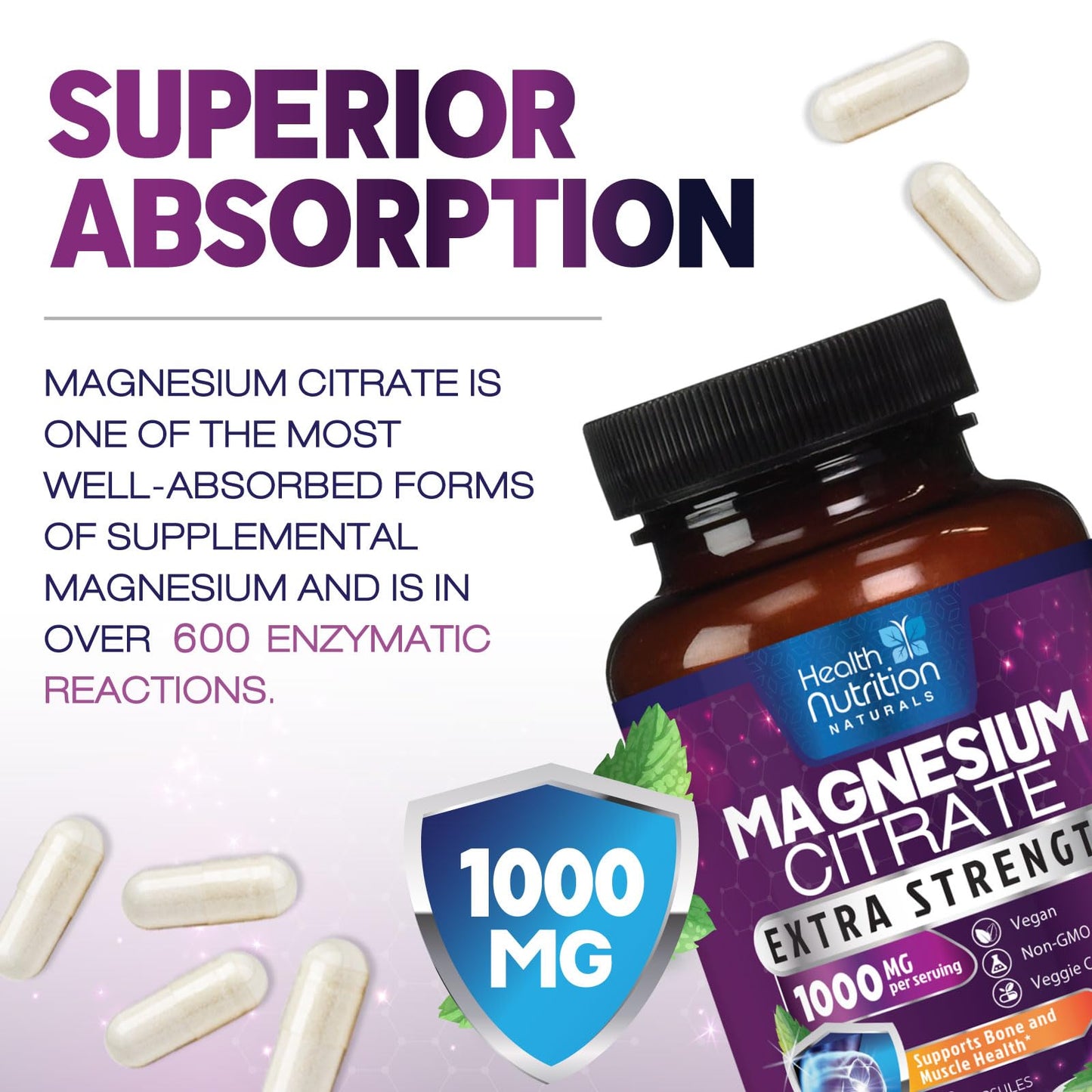 Magnesium Citrate Capsules 1000mg – High Absorption for Muscle, Nerve, Bone & Heart (60 Capsules)