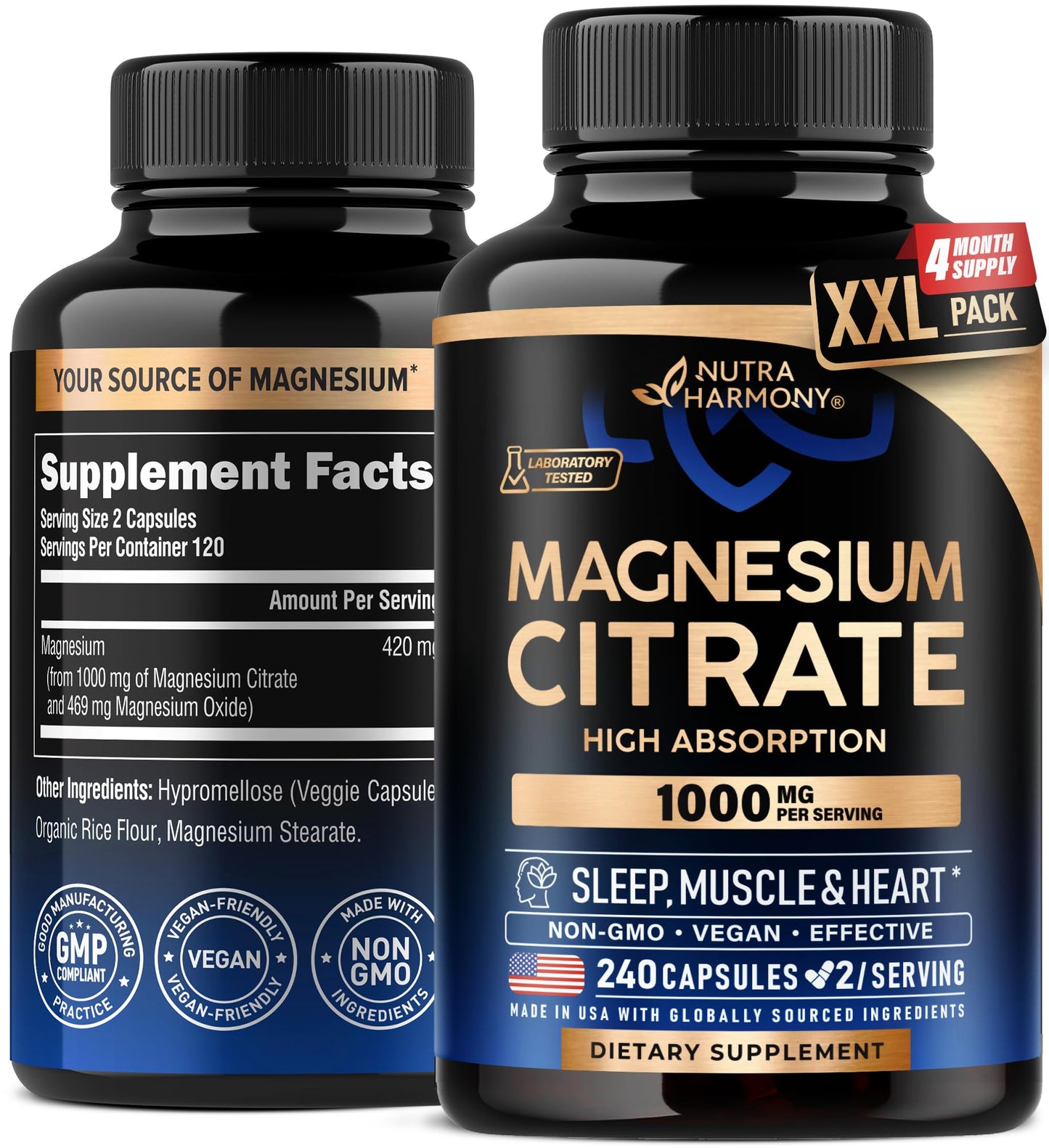 Magnesium Citrate Capsules 1000mg - High Absorption | Sleep, Muscle & Heart Support - Vegan, Non-GMO - Made in USA - 240 Capsules