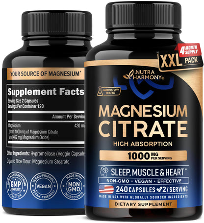Magnesium Citrate Capsules 1000mg - High Absorption | Sleep, Muscle & Heart Support - Vegan, Non-GMO - Made in USA - 240 Capsules