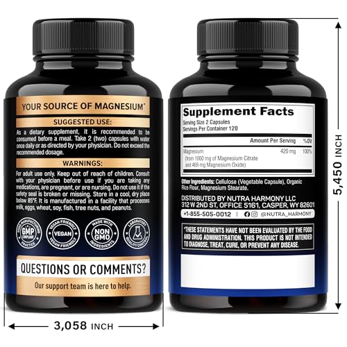 Magnesium Citrate Capsules 1000mg - High Absorption | Sleep, Muscle & Heart Support - Vegan, Non-GMO - Made in USA - 240 Capsules