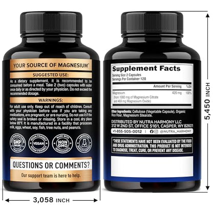 Magnesium Citrate Capsules 1000mg - High Absorption | Sleep, Muscle & Heart Support - Vegan, Non-GMO - Made in USA - 240 Capsules