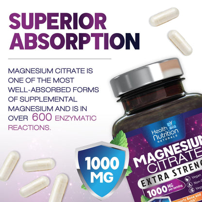 Magnesium Citrate Capsules 1000mg - High Absorption Magnesium for Muscle, Nerve, Bone & Heart Health | 240 Capsules